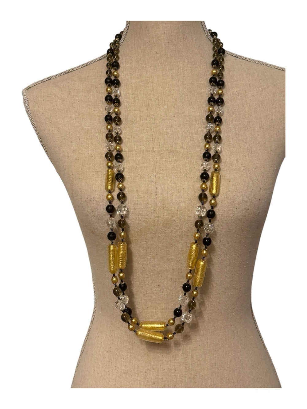 VINTAGE NECKLACE LAYERED LONG GLASS BEADS DOUBLE STRAND GOLD FOIL CRYSTALS BLACK
